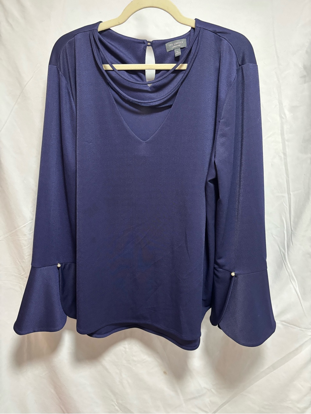 The Limited Navy Draped Neck Bell Sleeve Blouse